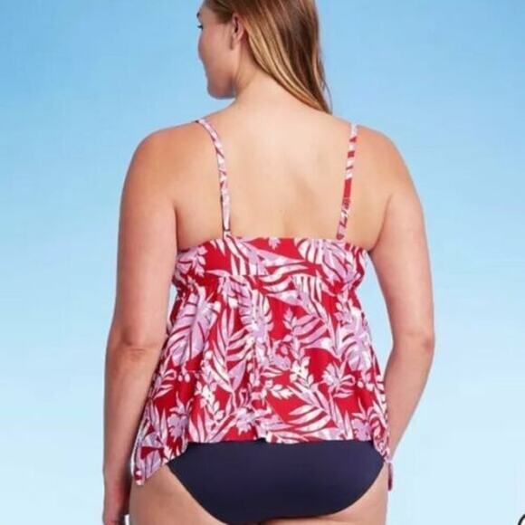 Kona Sol Tankini S Red Purple Palm Plant Tropical Swimsuit Top Deep VNeck Modest - Picture 6 of 12